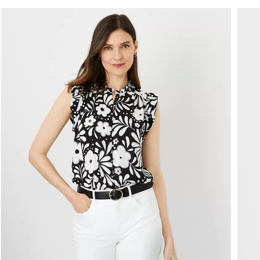 Ann Taylor Floral Mixed Media Ruffle Shell Black & White Medium